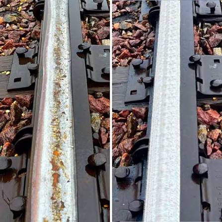 Comparison picture of damaged rail before grinding & repaired rail after corrective grinding