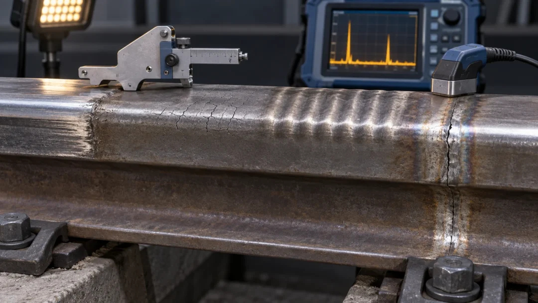 Close inspection of metro rail wear, head checks, corrugation and a weld crack using profile and ultrasonic instruments