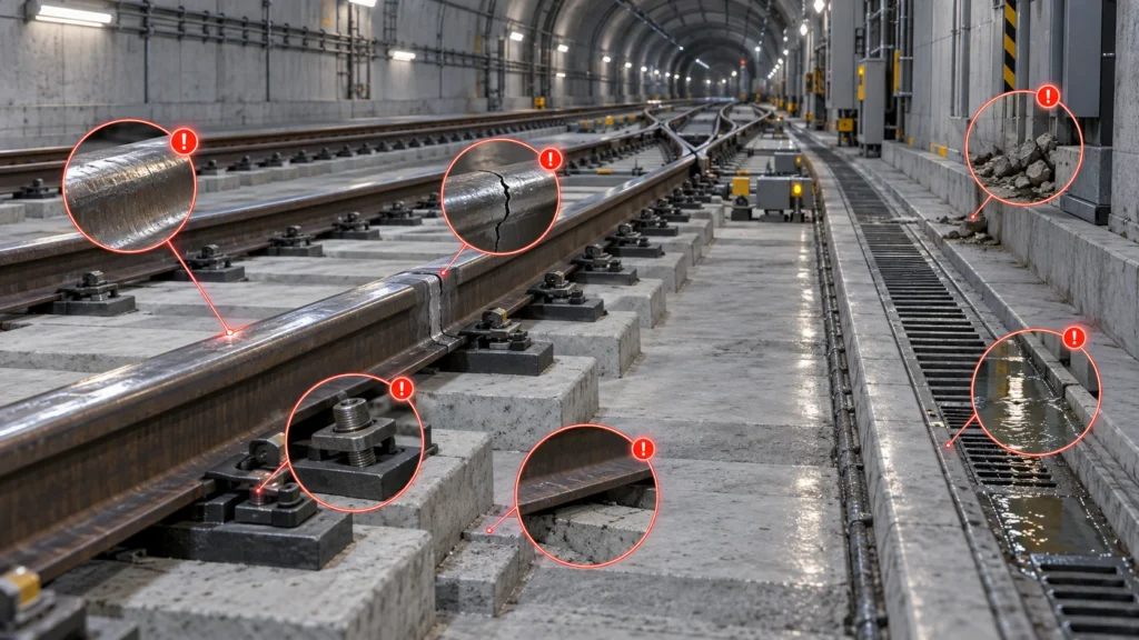 Riscos relacionados à manutenção dos trilhos do metrô, incluindo desgaste dos trilhos, rachaduras, fixações soltas, problemas de drenagem e defeitos no suporte dos trilhos