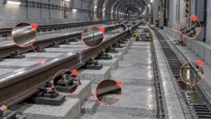 Riscos relacionados à manutenção dos trilhos do metrô, incluindo desgaste dos trilhos, rachaduras, fixações soltas, problemas de drenagem e defeitos no suporte dos trilhos