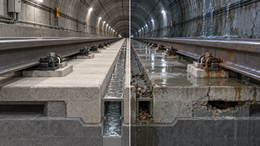 Comparison of healthy metro slab track drainage and water-damaged track support with corroded fasteners