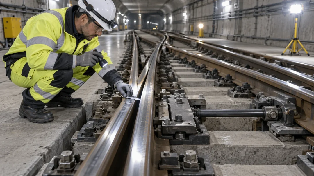 Maintenance engineer inspecting a metro turnout switch point, fasteners and operating components